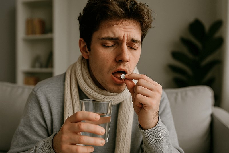 młody chory mężczyzna łykający tabletki